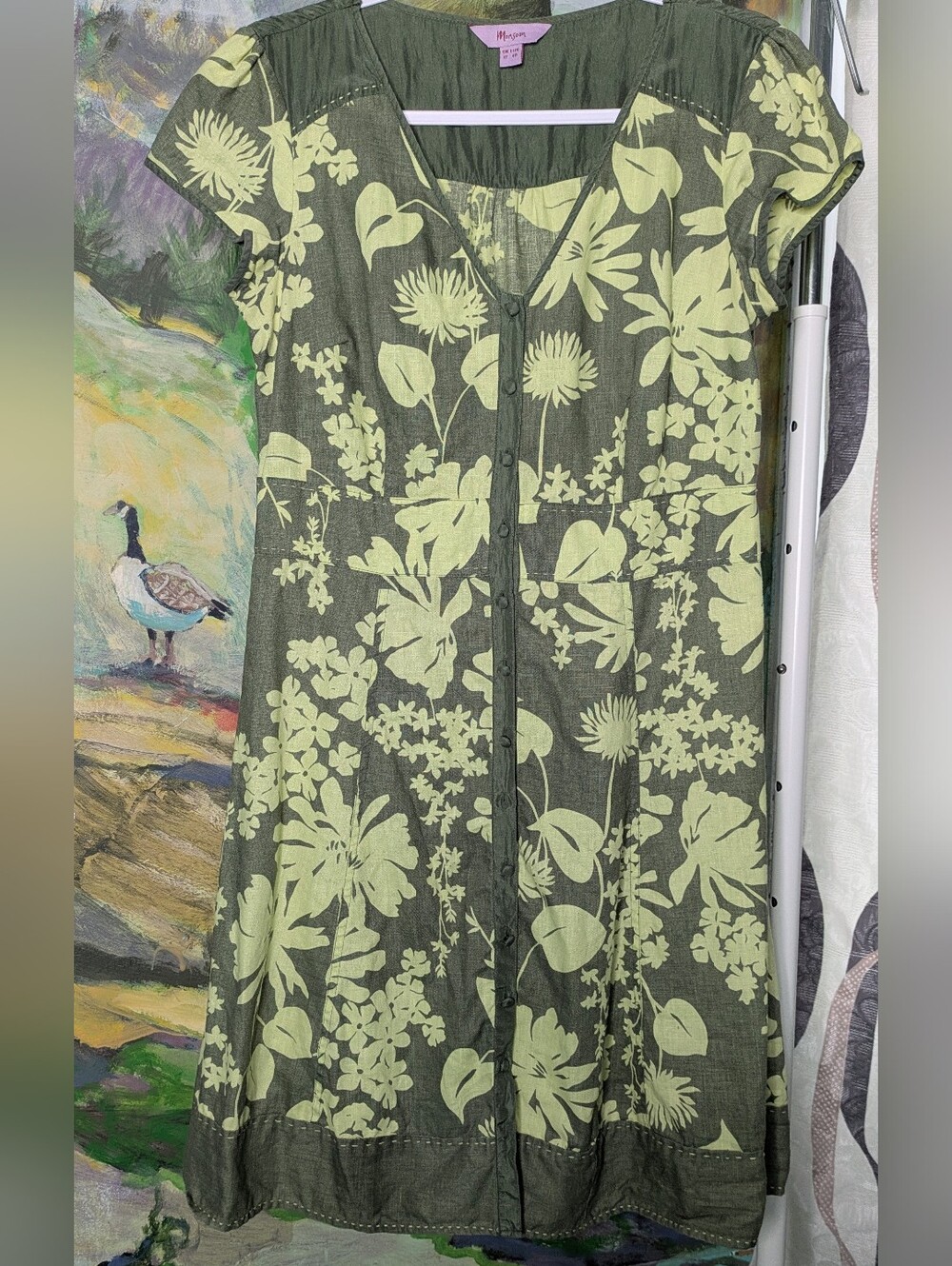 Monsoon Olive Green Floral Midi Dress With Button Front